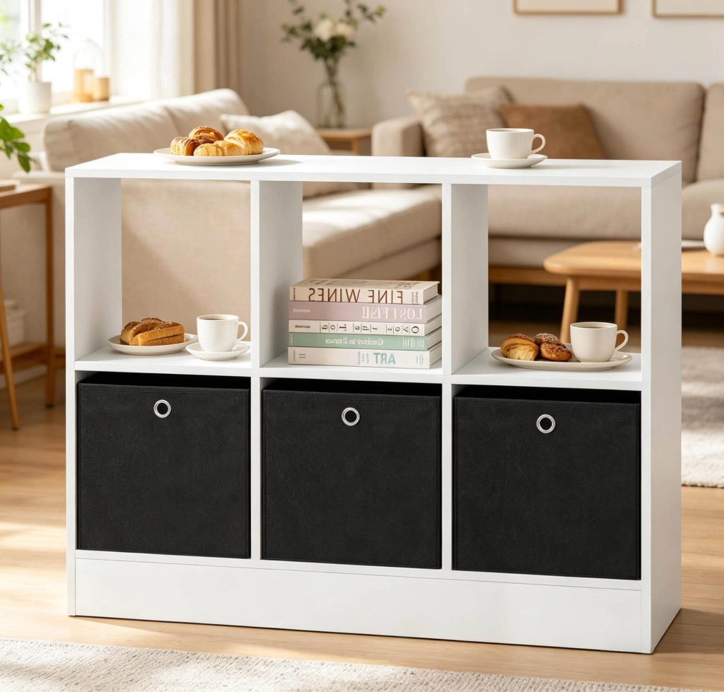Libreria a cubi con 3 cassetti in tessuto, bianco e nero