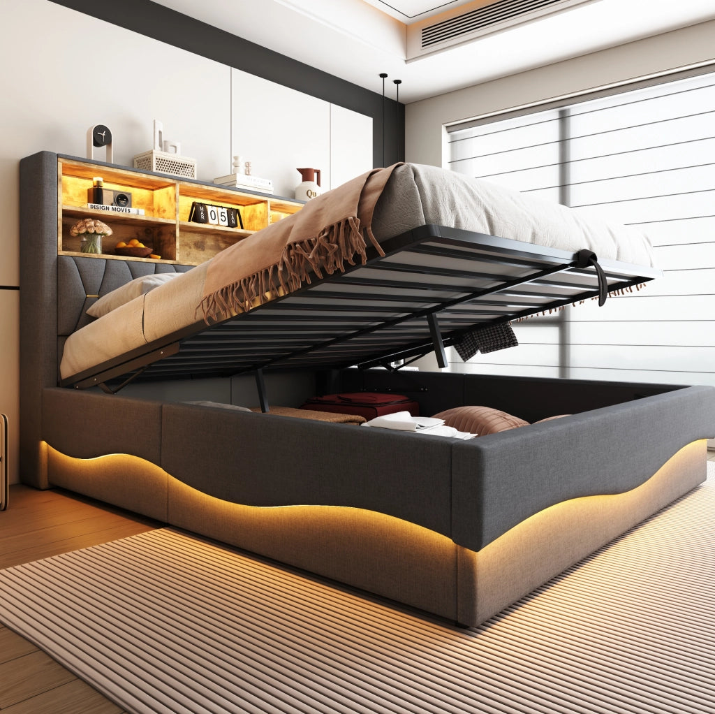 Letto matrimoniale 180x200 cm con contenitore idraulico; LED APP e USB; grigio