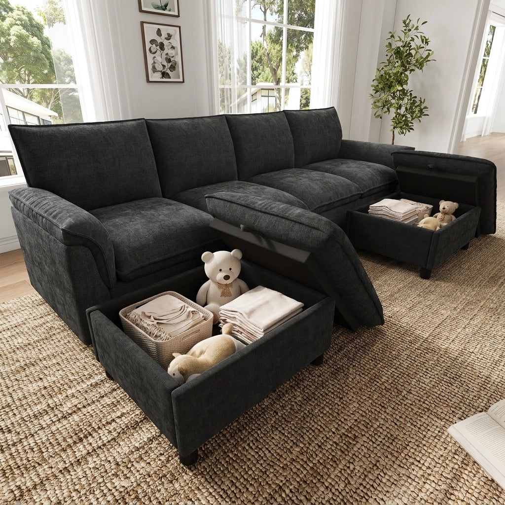 Divano panoramico a U modulare con seduta profonda e 2 pouf mobili con schienale alto e contenitore in chenille nero