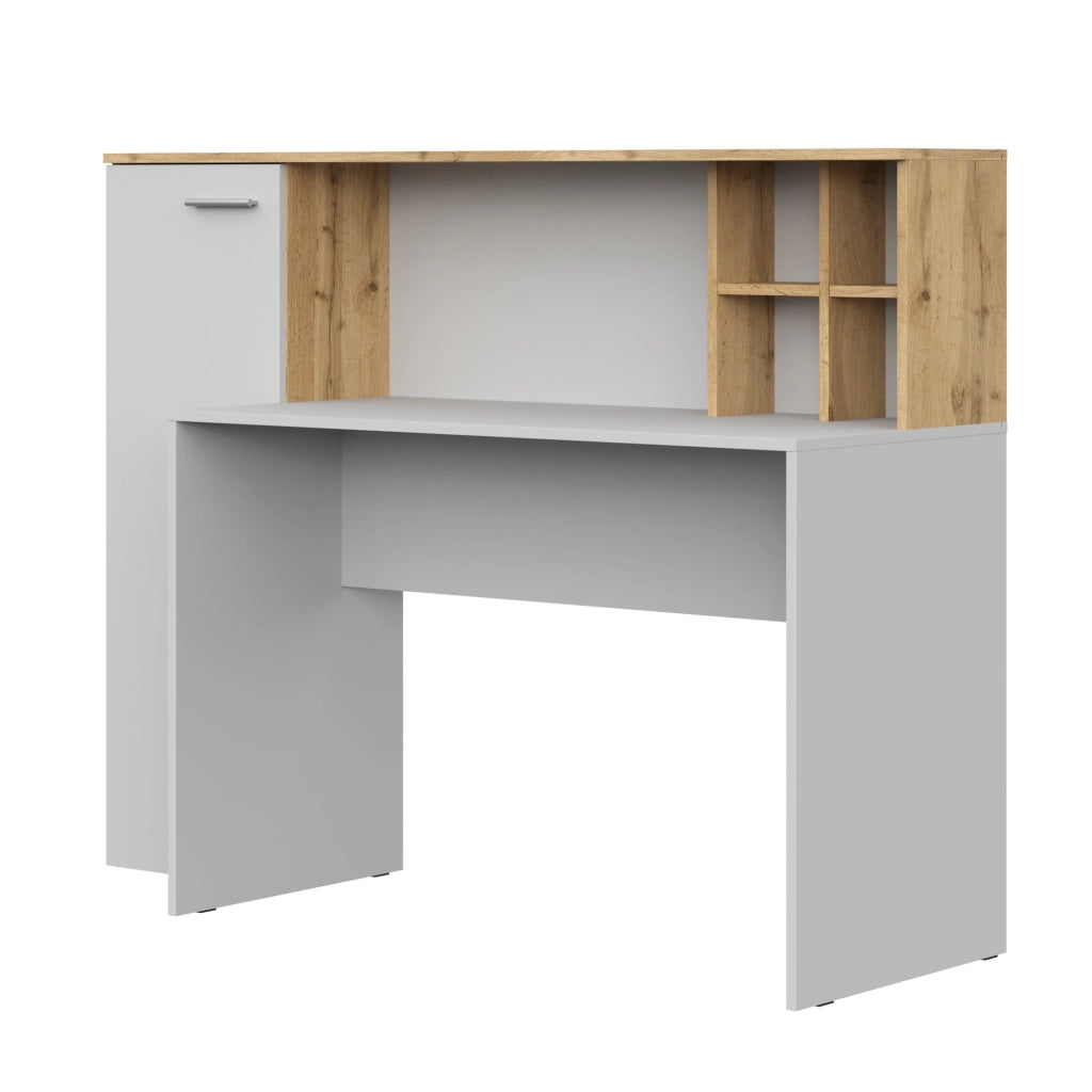 Scrivania FAUSKE - Spaziosa - Con Armadietto - Quercia Wotan - Bianca - Larghezza 153 cm, Altezza 116 cm, Profondit? 54 cm