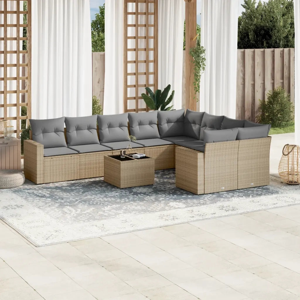 Set Divano da Giardino 10 pz con Cuscini Beige in Polyrattan