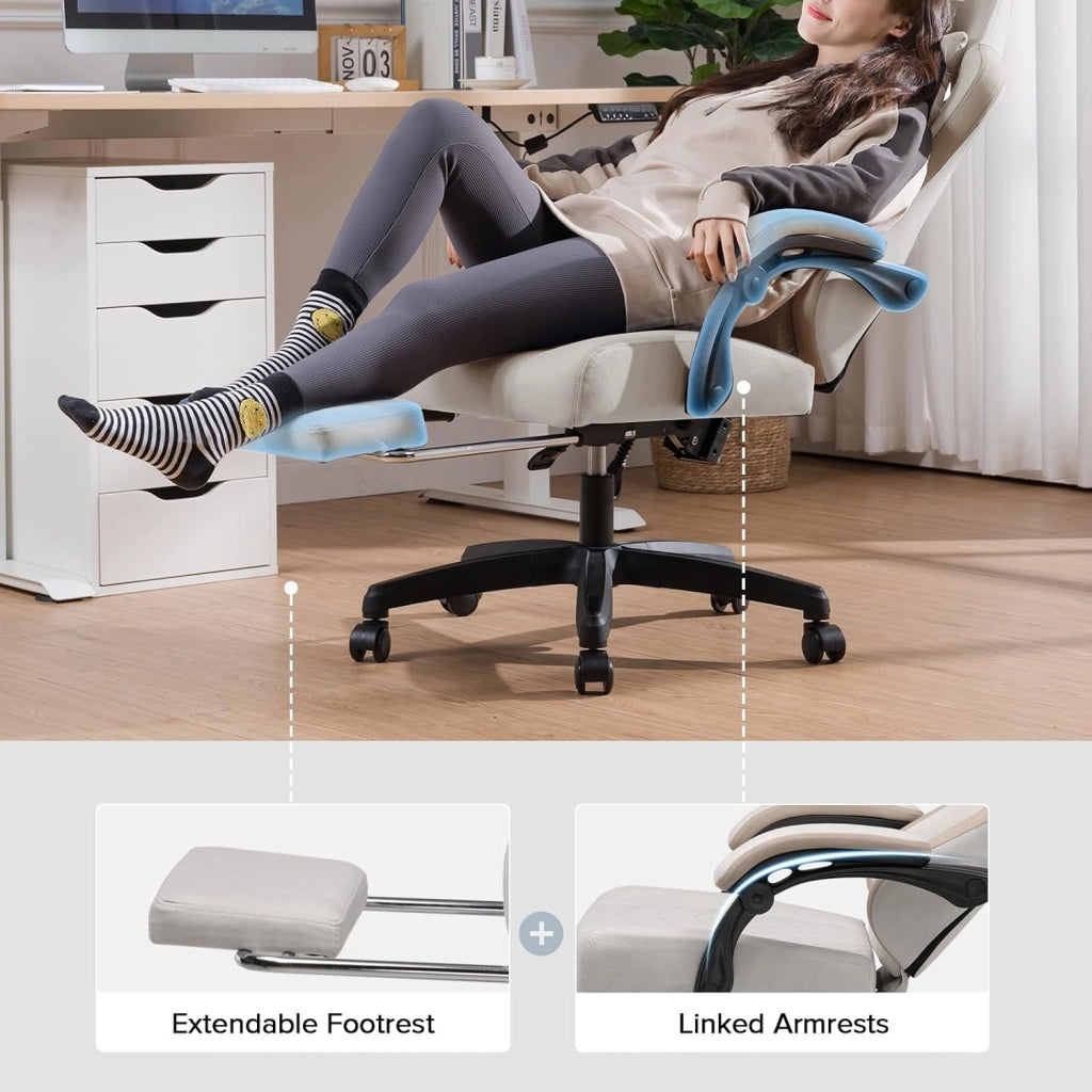 Sedia da gaming, ergonomica, da scrivania, con superficie in tessuto, cuscino a molla, braccioli di collegamento e poggiapiedi, beige-marrone