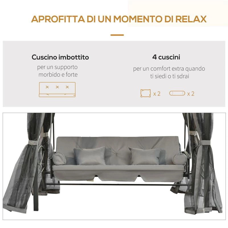 DONDOLO A GAZEBO RECLINABILE 3 POSTI CON ZANZARIERA E CUSCINI GRIGIO SCURO