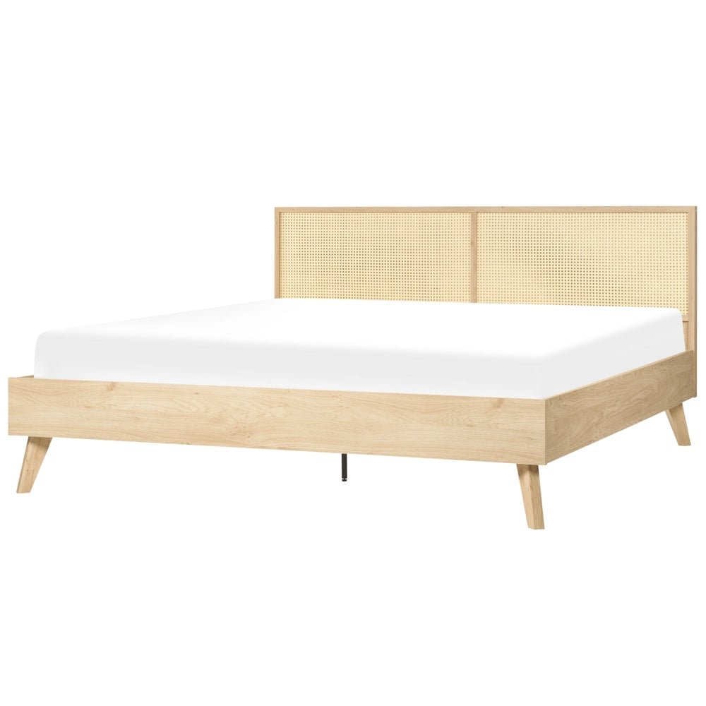 Letto matrimoniale in legno di pioppo chiaro con testiera in vimini 180 x 200 cm camera da letto moderna boho minimalista