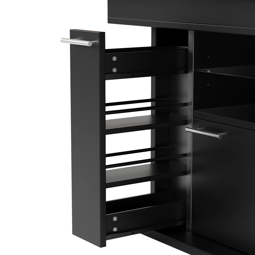 Tavolo da pranzo allungabile con vano contenitore e LED, ripiani in vetro, per 4-6 persone, in MDF nero 140 × 80 × 77,2 cm
