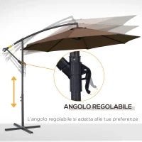 Ombrellone Decentrato Ø3x2.5 m con Base a Croce e Manovella, in Acciaio e Poliestere color Caffè