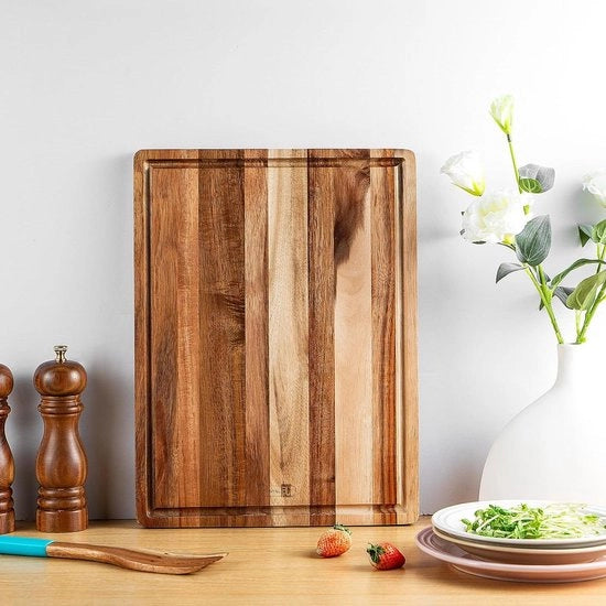 Piastra di legno di acacia spessa con canale di succo - Tavola da servizio invertibile per cucina - Piastra per charcuterie per carne, pane e formaggio - 40 x 30 x 18 cm blocco da taglio
