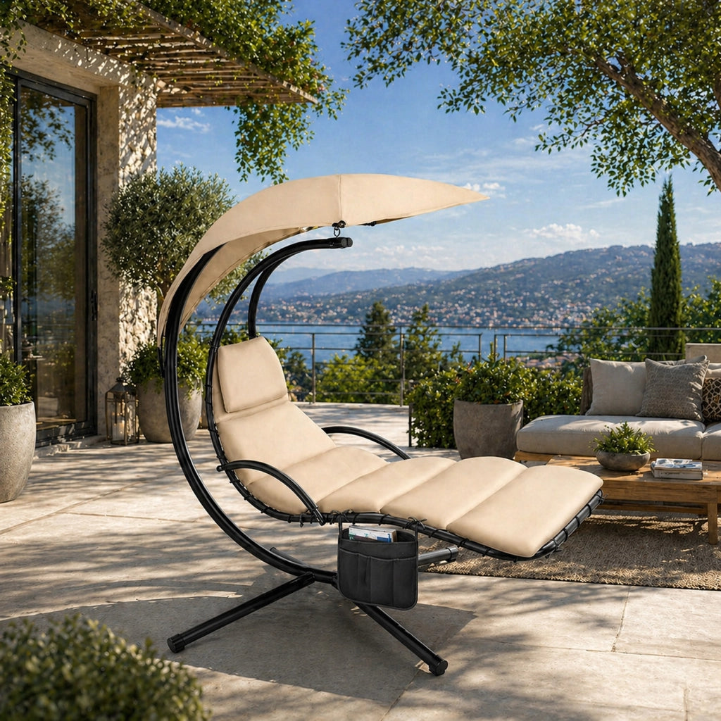 Sdraio A Sospensione Con Ombrellone Beige E Cuscino Ergonomico Amaca Da Giardino In Poliestere Resistente Per Arredamento Esterno Terrazzo Bordo Piscina Formato 195x132x197 Cm