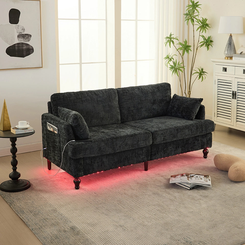 Divano moderno - Xylo - 2 posti in chenille con piedi legno, LED, USB e vano portaoggetti