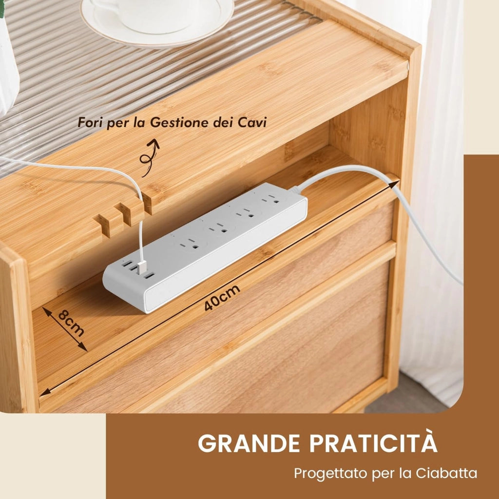 Comodino in Bambù e Rattan 43 x 35 x 50 cm, Tavolino Moderno con Piano in Vetro, Cassetto, Mobile Salvaspazio per Ufficio e Soggiorno (1, Naturale)