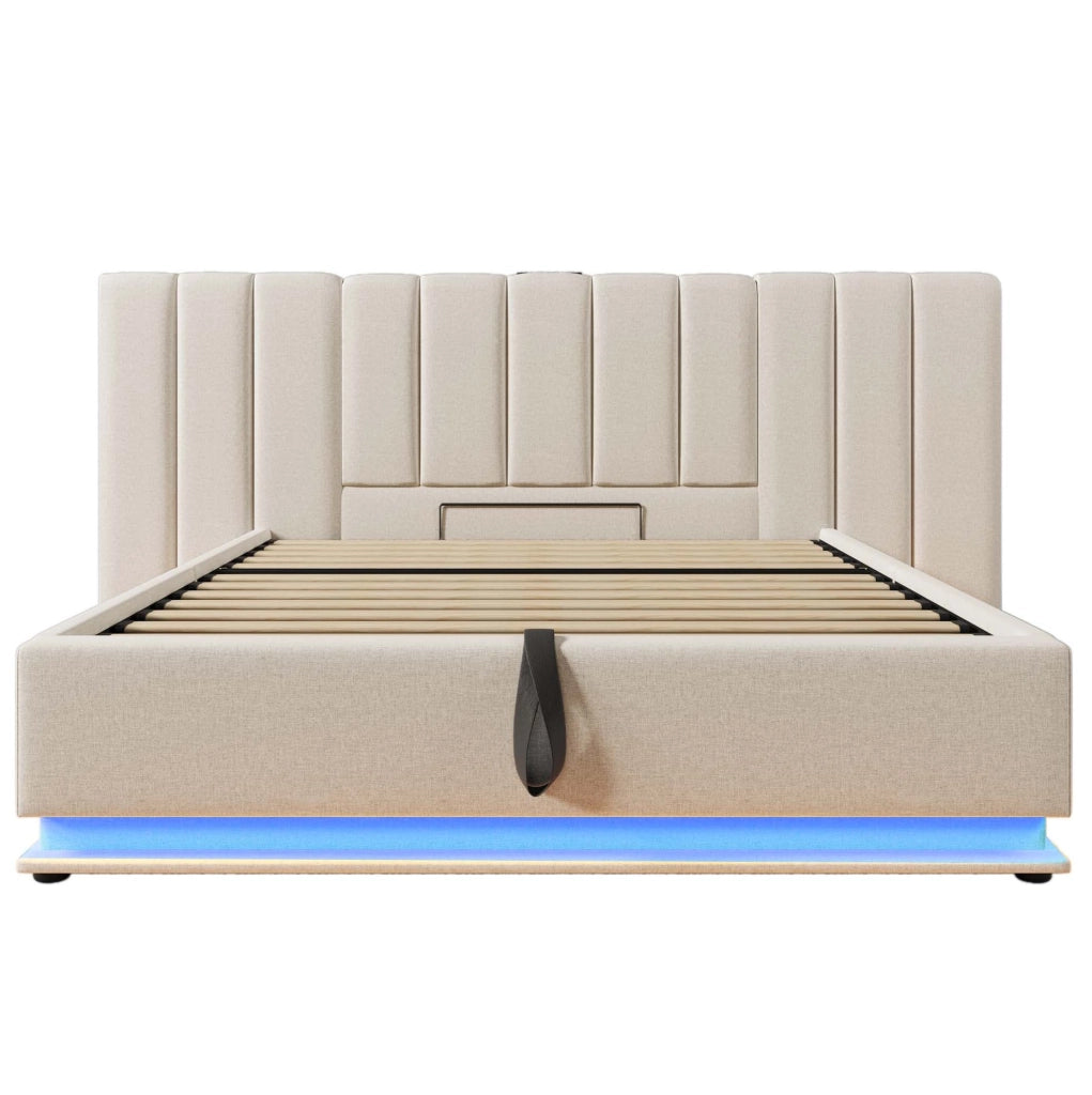 Letto contenitore matrimoniale 180x200 con LED; USB-C e materasso; beige