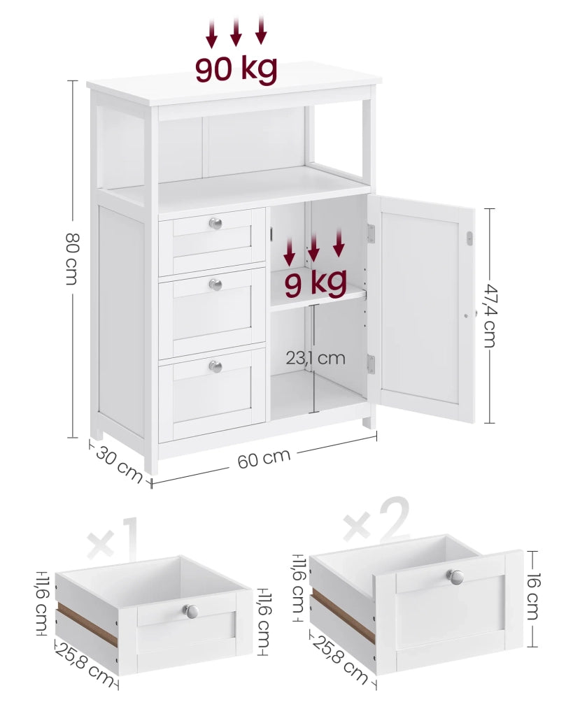 Mobiletto da bagno mobile contenitore 30 x 60 x 80 cm cassettiera armadio guardaroba con 3 cassetti e ripiani regolabili bianco 12_0006481