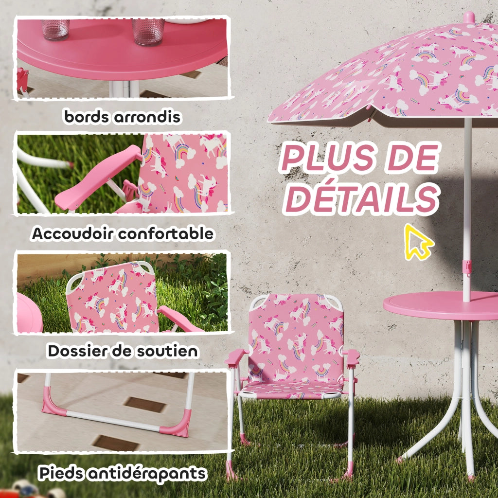 Set giardino bambini con tavolo e 2 sedie pieghevoli e parasole ¨C zephmum ¨C motivo jungle, rosa, ?100 cm