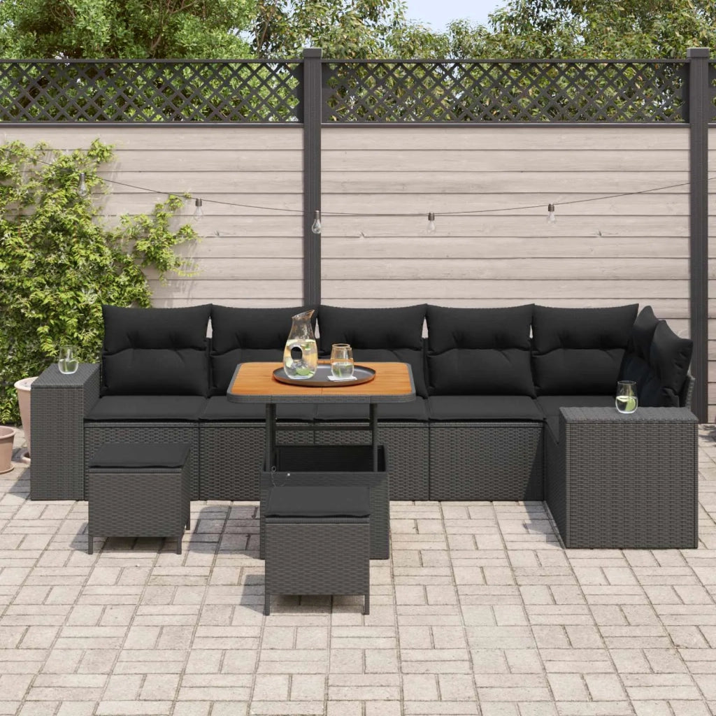 Set Divano da Giardino con cuscino 9 pcs Nero polyrattan