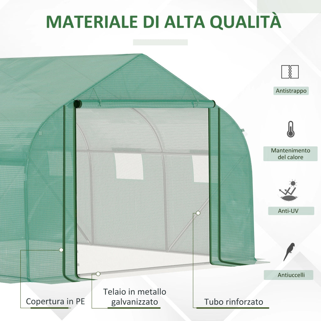 EasyComfort Serra a Tunnel con Copertura PE e Struttura in Acciaio, Porta Avvolgibile e 6 Finestre, 3.5x3x2m, Verde