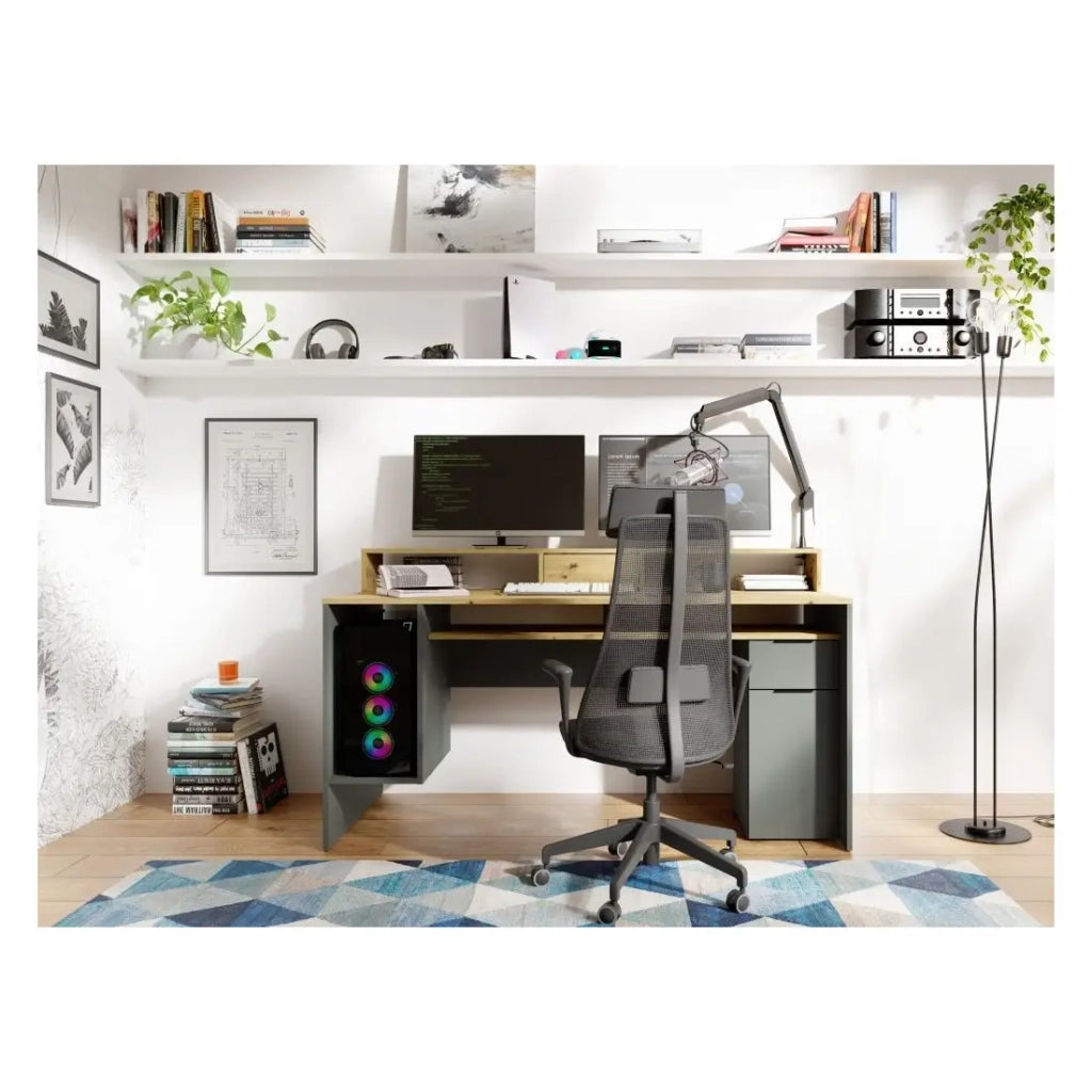 Scrivania per computer 160cm collezione ROXI colore quercia e grigio con spazi di archiviazione