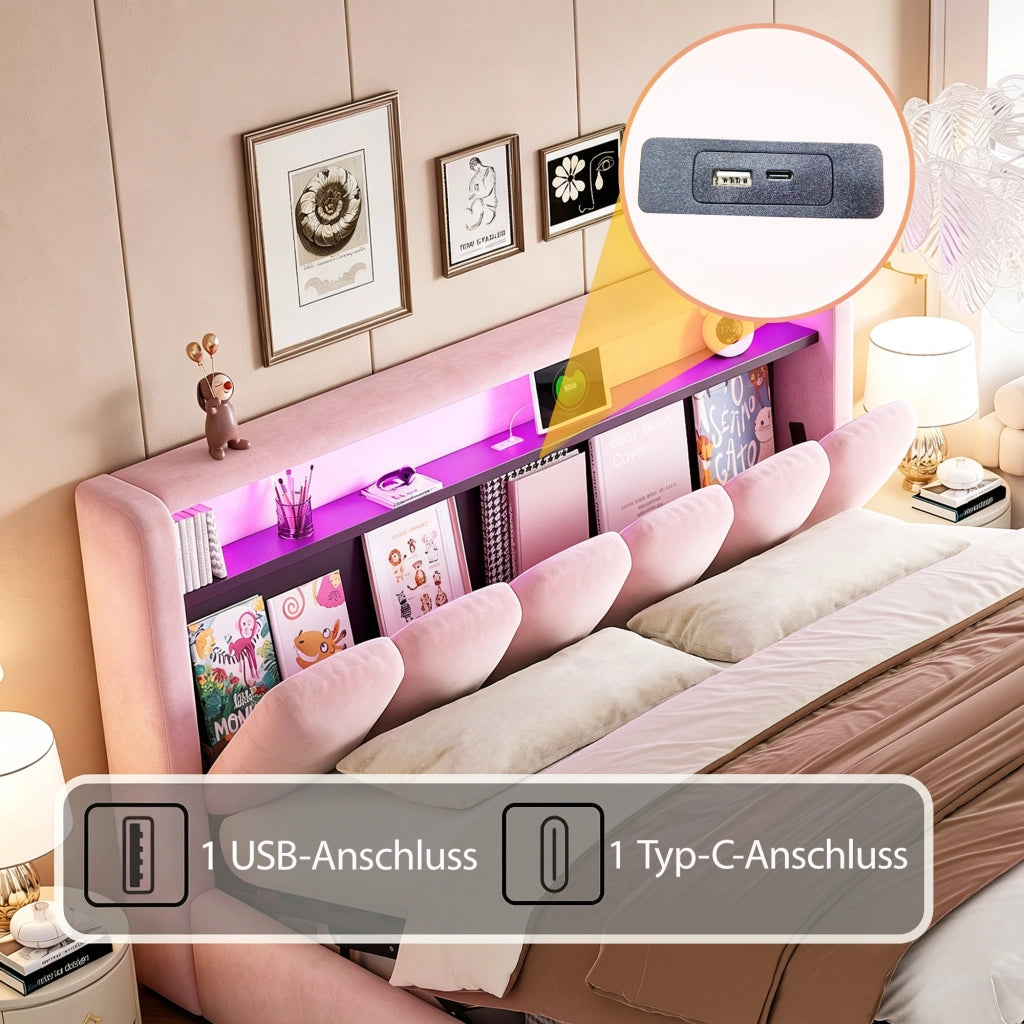 Letto matrimoniale contenitore 180x200 cm con testiera a petalo; LED; USB e USB-C; imbottito in velluto rosa