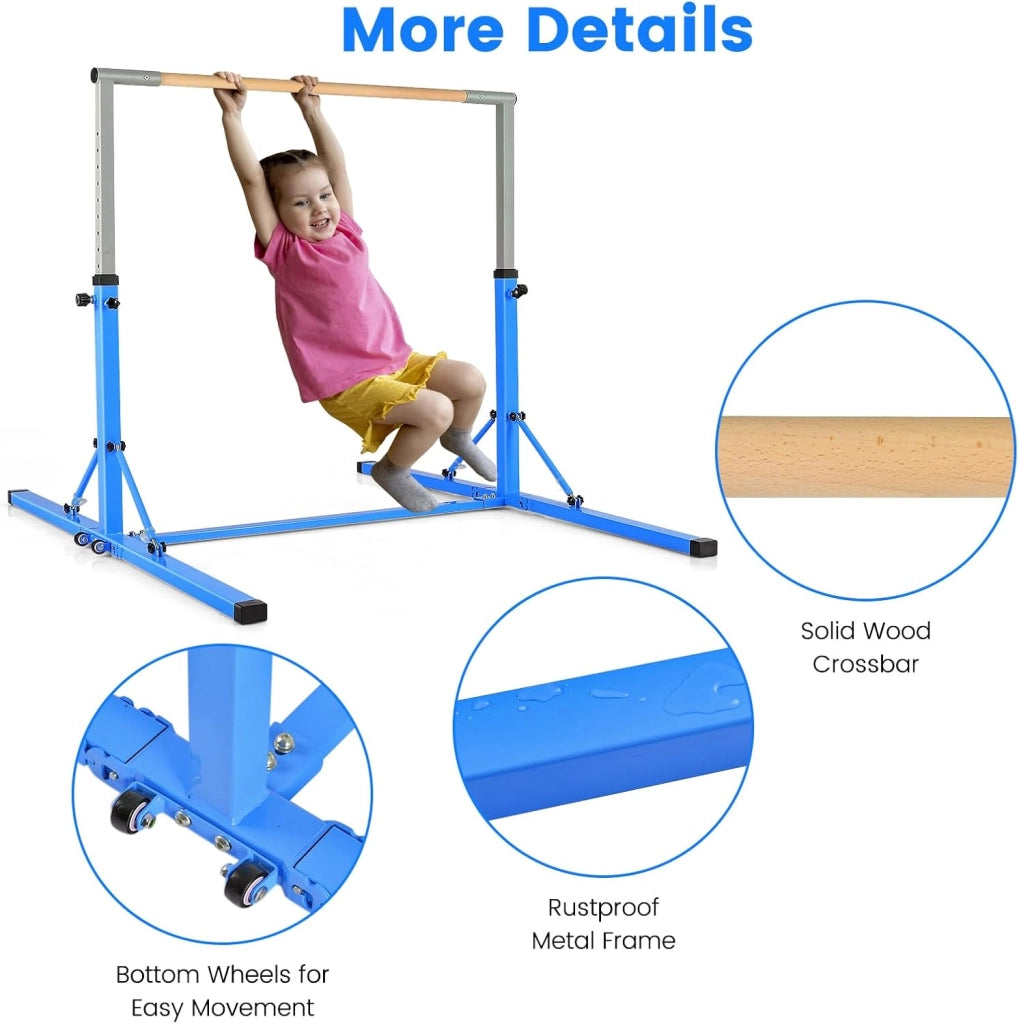 KOMFOTTEU Barra da ginnastica per bambini, barra orizzontale con altezza regolabile a 13 livelli, barra da allenamento in metallo e legno, attrezzatura da palestra con carico di 100 kg