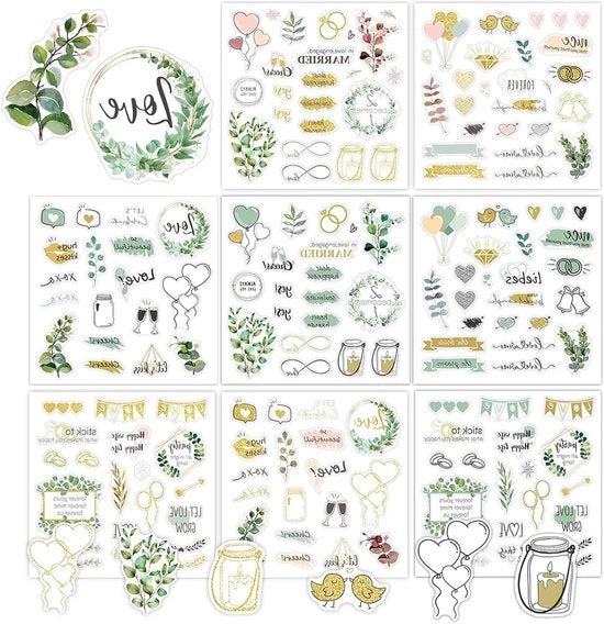 Set di 8 Etichette Sticker - Disegni Eleganti Giallo-Verdi per Album di Foto e Giornale dei Visitatori - Sticker Decorativi per Matrimonio con Retro Adesivo Autocollante