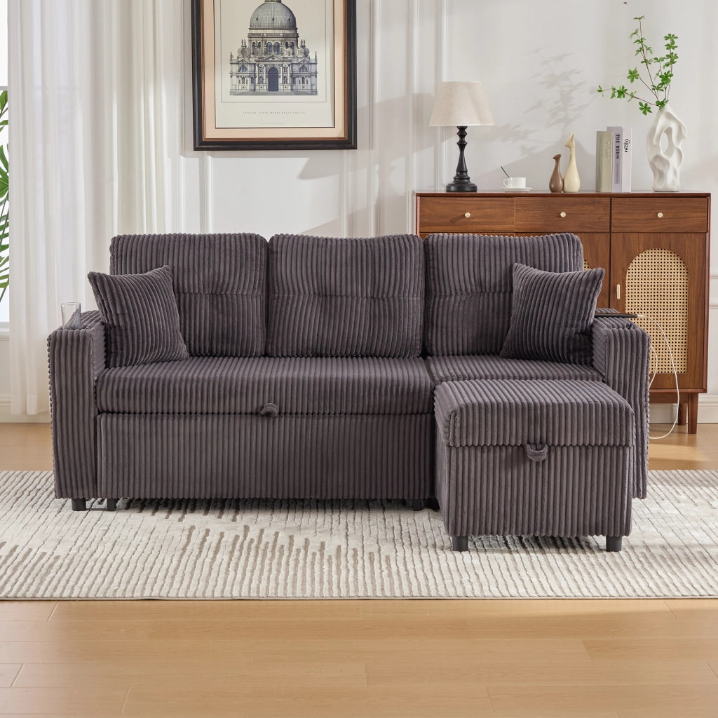 DIVANO letto estraibile 196 cm grigio scuro in corduroy con USB-C e LED