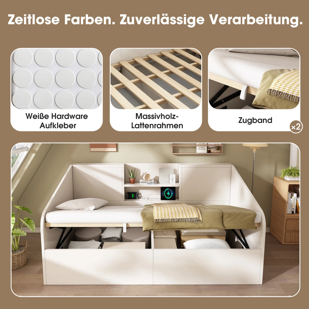 Letto singolo contenitore idraulico 90x200 cm bianco con USB-C