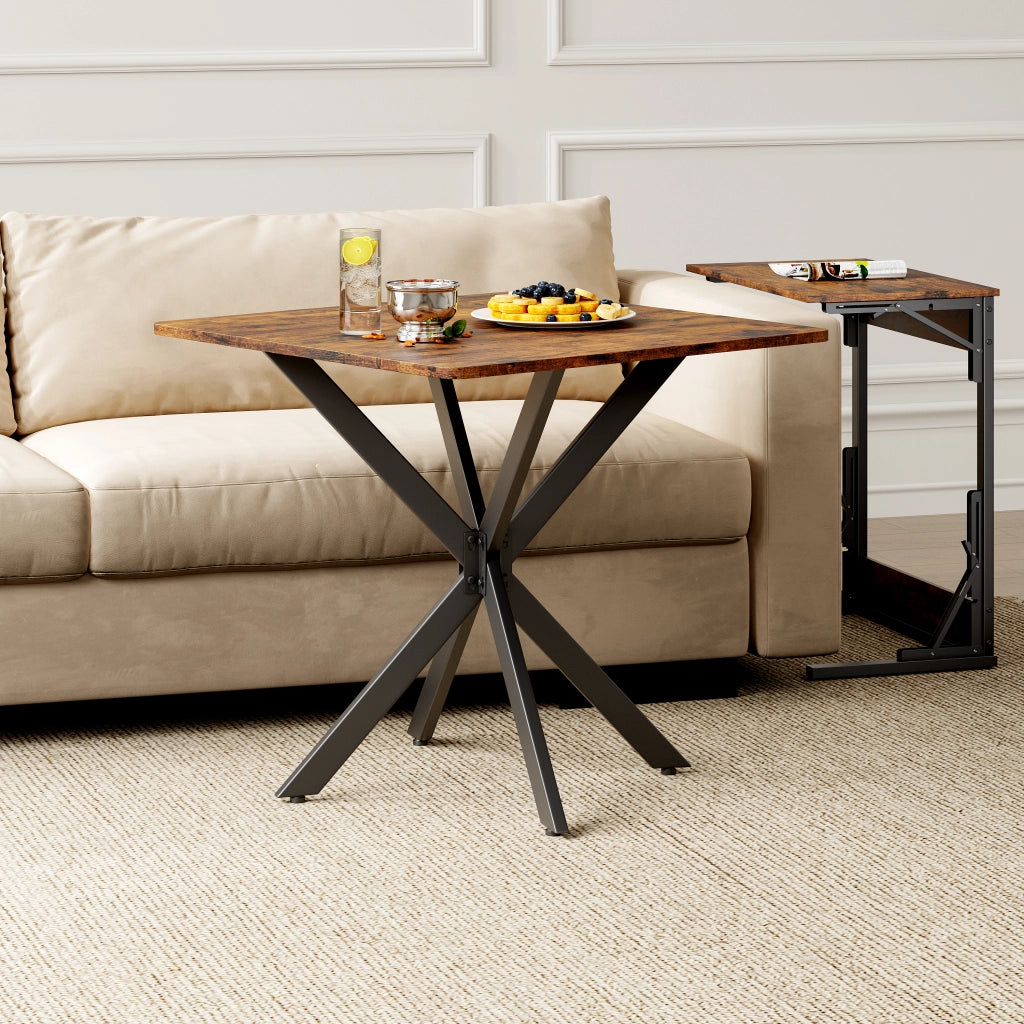 Tavolo da pranzo quadrato con struttura a X e 4 piedini regolabili, per cucina e soggiorno, in truciolare, marrone, 80 × 80 × 75 cm