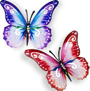 Arte per Pareti Esterne Metallica Farfalla per Recinzioni e Pareti da Sfregiare 27x22cm (Rosso e Blu) - Set da 2