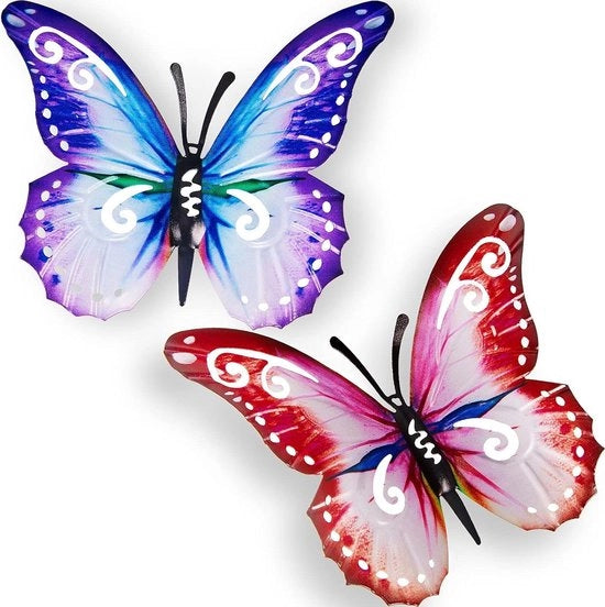 Arte per Pareti Esterne Metallica Farfalla per Recinzioni e Pareti da Sfregiare 27x22cm (Rosso e Blu) - Set da 2