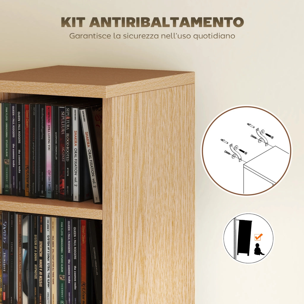 Set 2 Librerie Porta CD 21x22,5x88,5 cm 6 Ripiani Regolabili per 204 CD in Legno Naturale