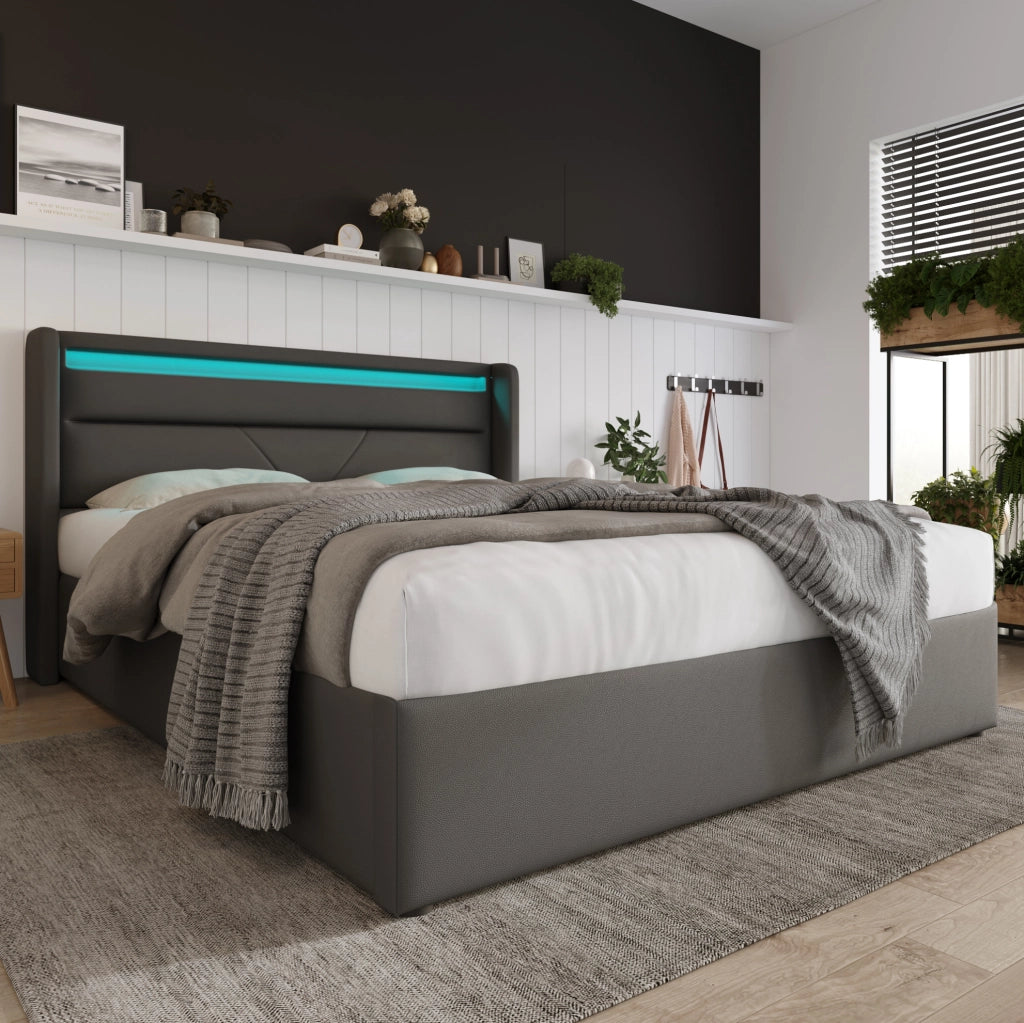 Letto contenitore matrimoniale 160x200 cm con LED; telecomando e rivestimento in PU grigio