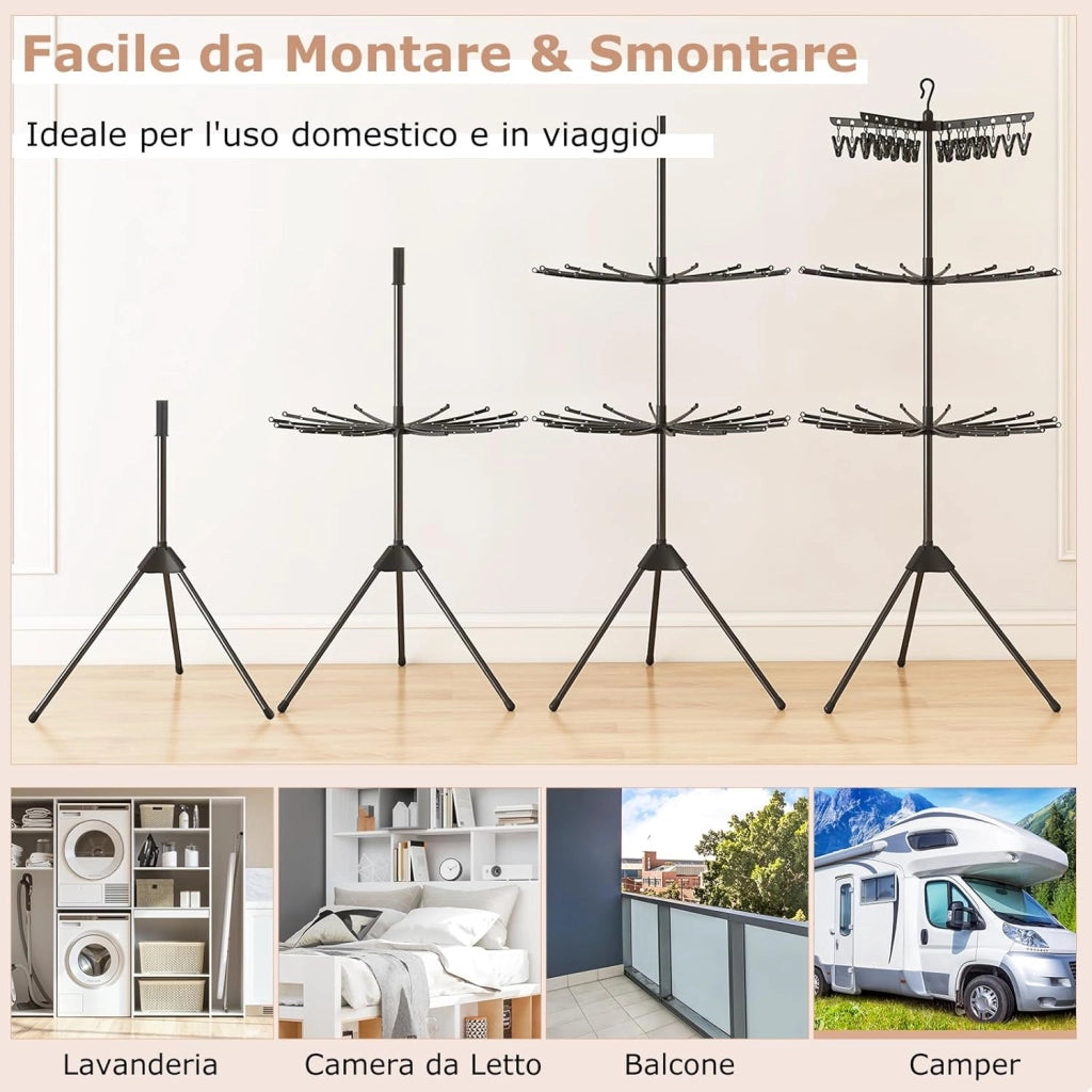 Stendibiancheria da Pavimento a 3 Livelli, Auoto Tripode Stendibianchiera Alto 178 cm con con 24 Ganci & 32 Aste, Portaasciugamani Pieghevole con Bracci Rotabili per Lavanderia e Balcone