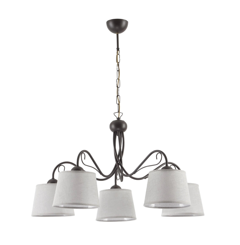 Lampadario rétro 5 luci venge con paralumi grigi E27 Jupiter