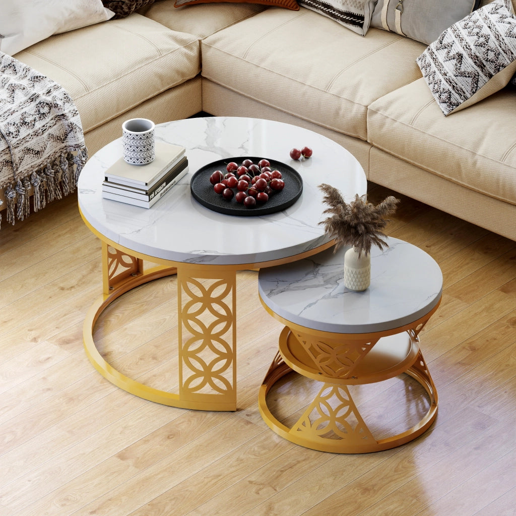 TAVOLINO DA CAFFÈ Set 2 Pezzi 70x70x45 cm Effetto Marmo Bianco con Struttura Color Oro