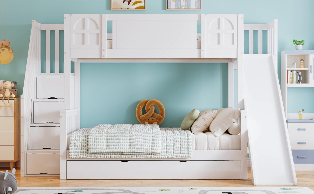 LETTO A CASTELLO con finestra, scivolo e scala contenitore 90x200 cm bianco