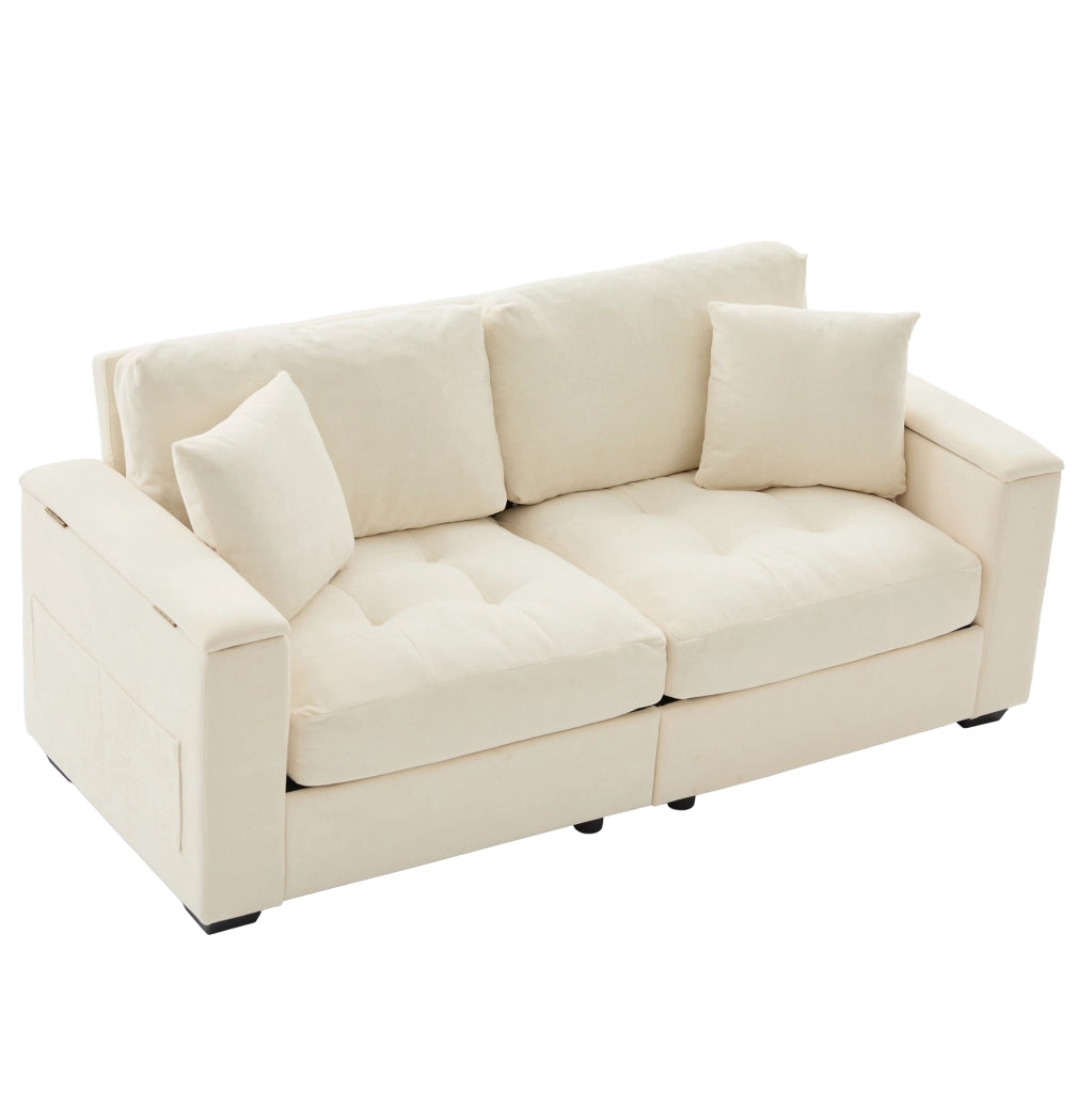 Divano a 2 posti con vano portaoggetti nei braccioli e tasche laterali in ciniglia beige con cuscini per piccoli ambienti