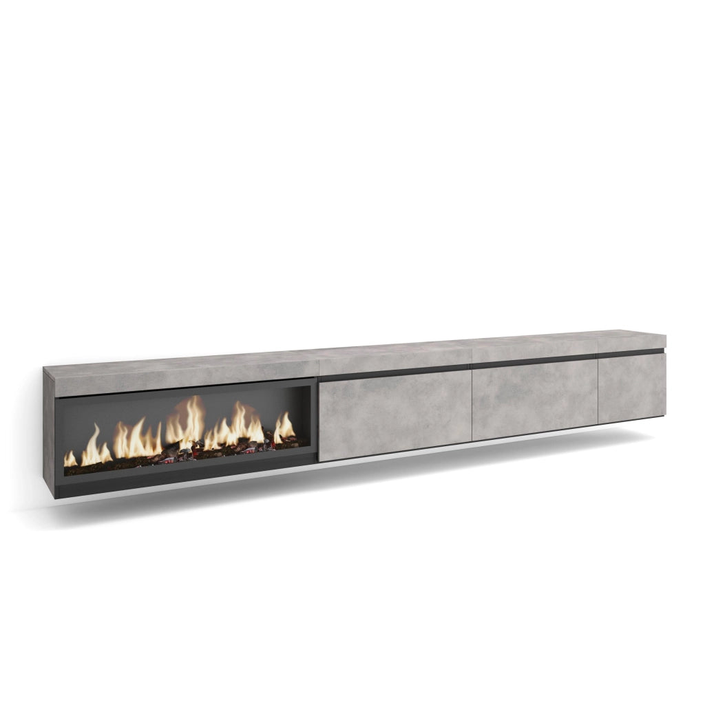 Mobile TV Soggiorno, 317x35x45cm, Camino elettrico XXL, da appendere, grigio cemento RF3667
