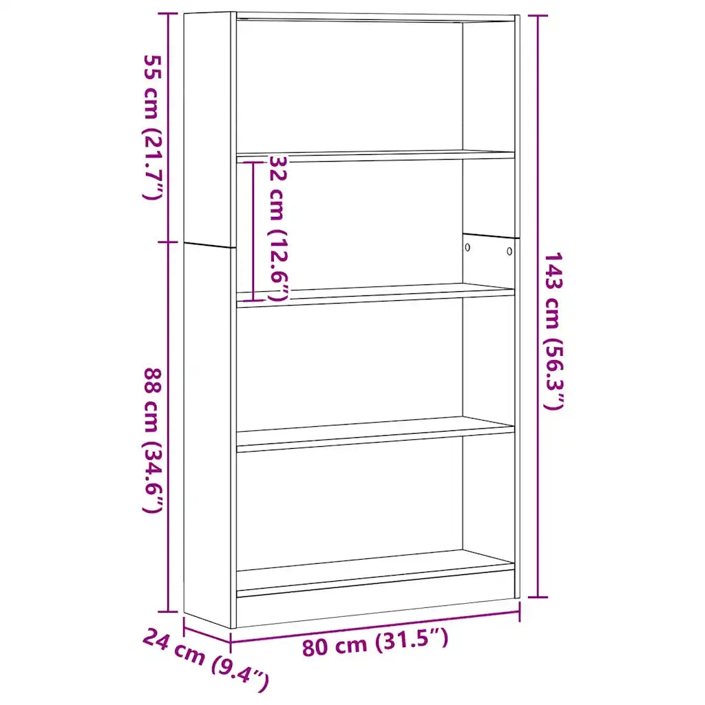 Libreria a 4 Ripiani-Scaffale per Libri-Mobile di Stoccaggio Rovere Nero 80x24x143 cm in Truciolato
