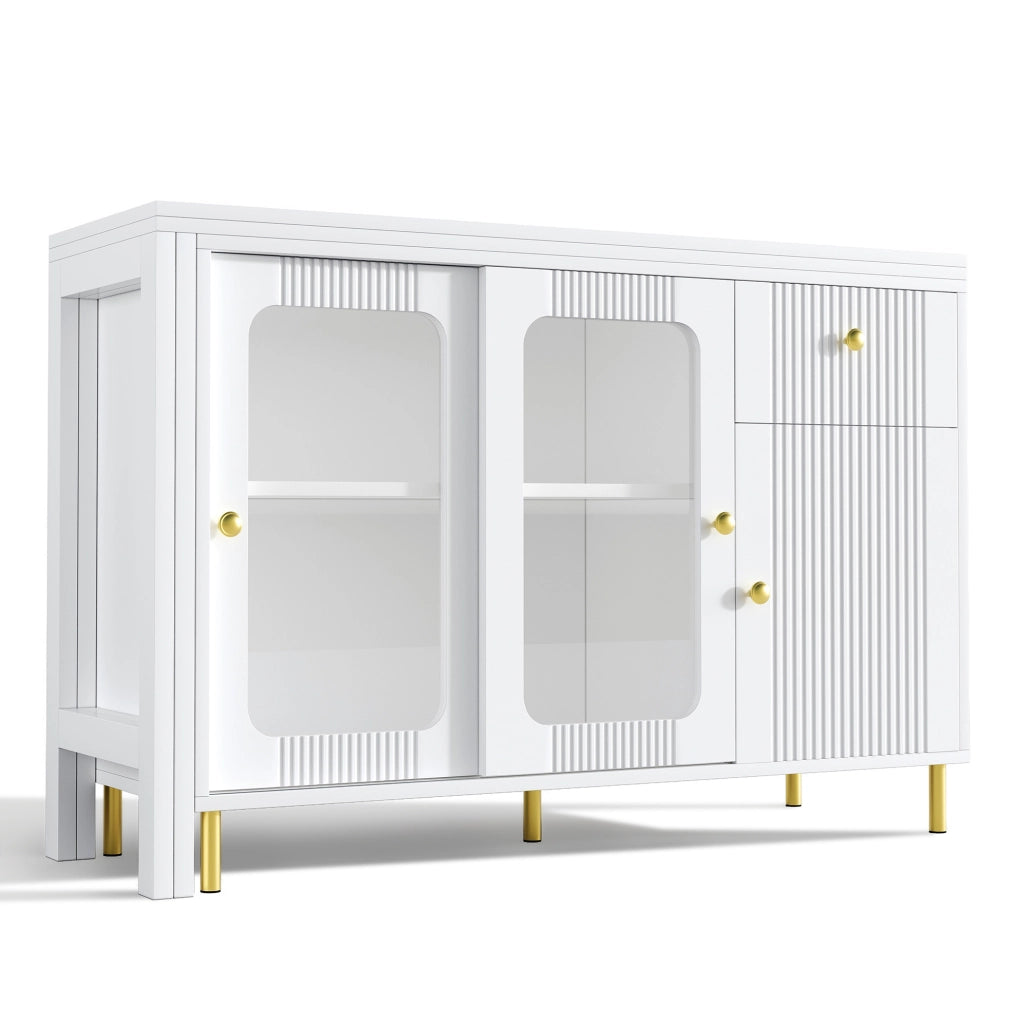 Credenza 116x40x78.5 cm con piano estensibile; ante scorrevoli in vetro; MDF bianco