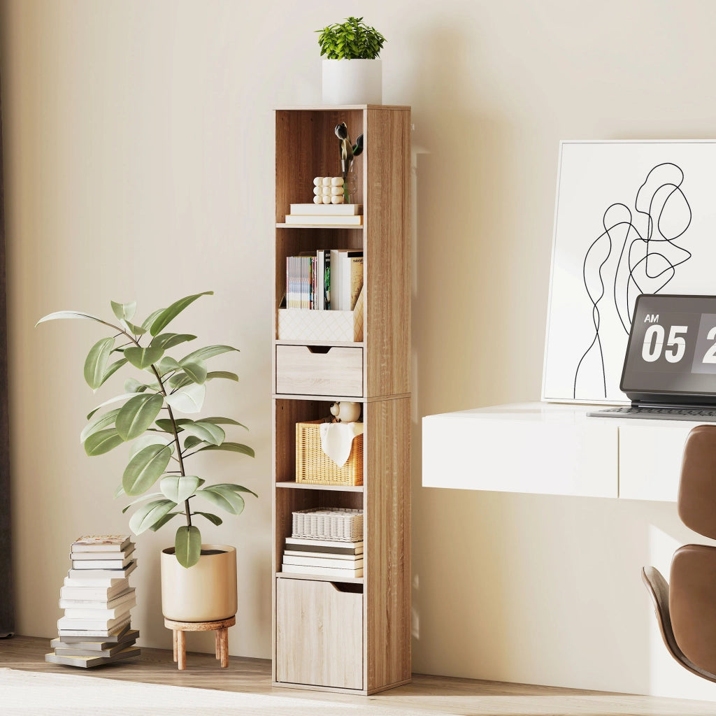 Libreria con cassetti e ripiani aperti ¨C zephmum ¨C naturale 30x24x158 cm