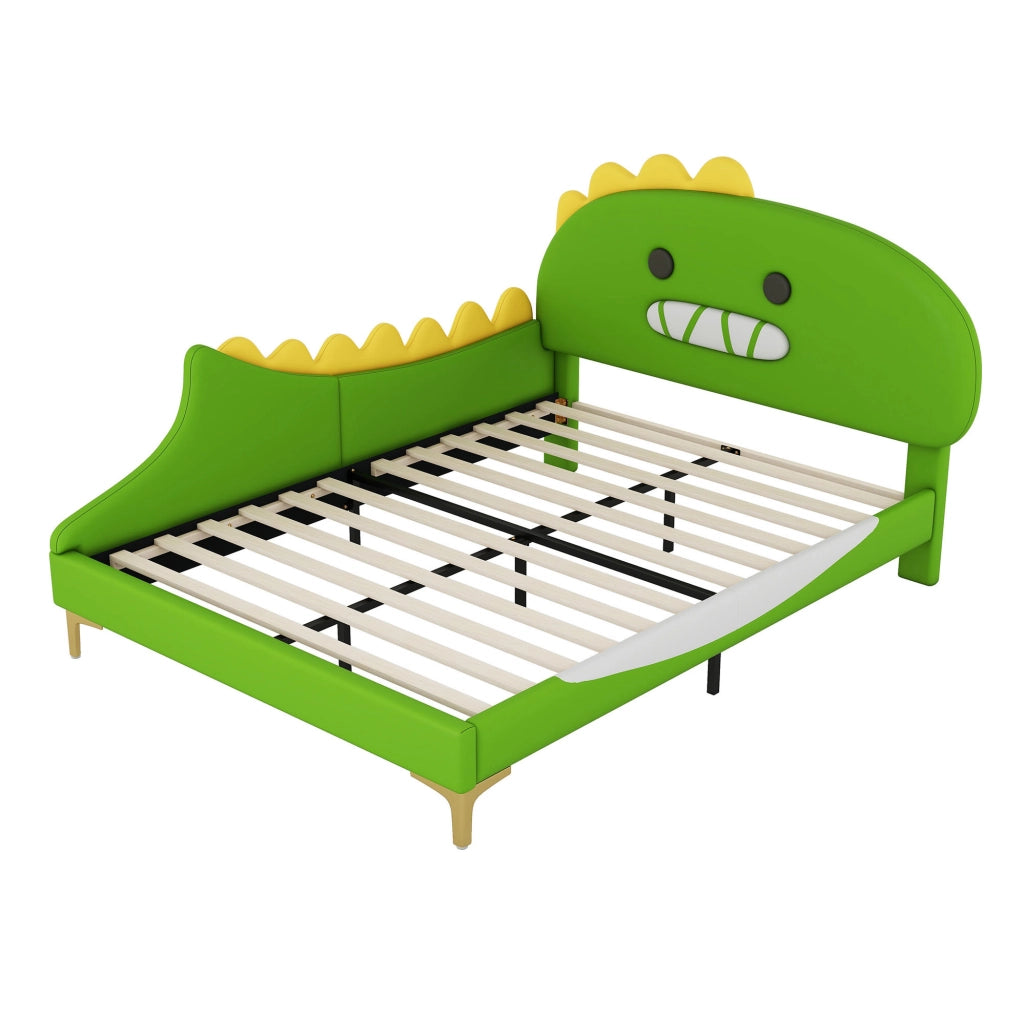 Letto per bambini 140x200 cm a forma di dinosauro; PU verde