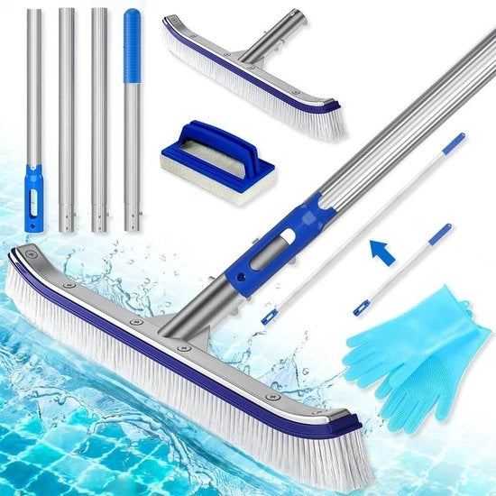 Scopa per piscina 43 cm - maniglia regolabile in alluminio - retrostante in acciaio inossidabile - spazzola di pulizia - robusto schiumatore con steel