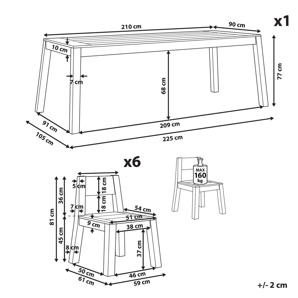 Set da pranzo da giardino 7 pezzi Tavolo rettangolare in legno di acacia laminato chiaro 6 sedie per interni ed esterni in stile rustico