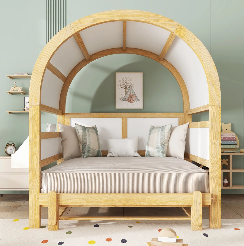 Letto per bambini a casetta con letto estraibile 140x200 cm; in legno massello e MDF; bianco e naturale