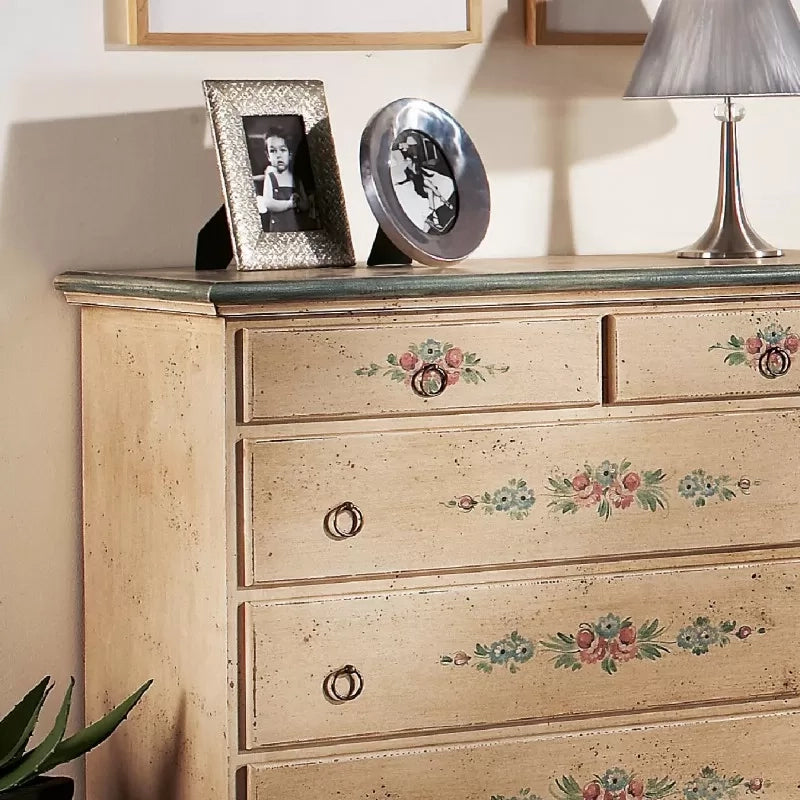  cassettiera arte povera 5 cassetti legno shabby avorio 117x51x101 (1429) - Mobili 2G