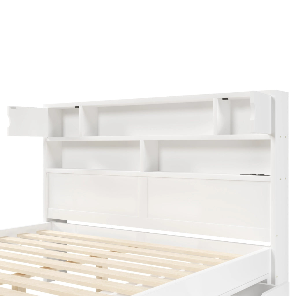 Letto 160x200 cm con cassetti; LED e testiera libreria in MDF e compensato bianco