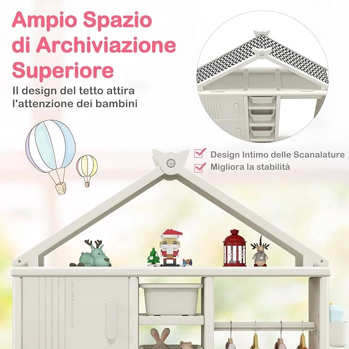 Armadio per Bambini, Organizzatore a Forma di Casa con 1 Lavagna, 3 Armadietti, 4 Cestini, 3 Cubi Chiusi e 3 Cestini Laterali, Armadietto Salvaspazio per Camera da Letto e Soggiorno (Bianco)