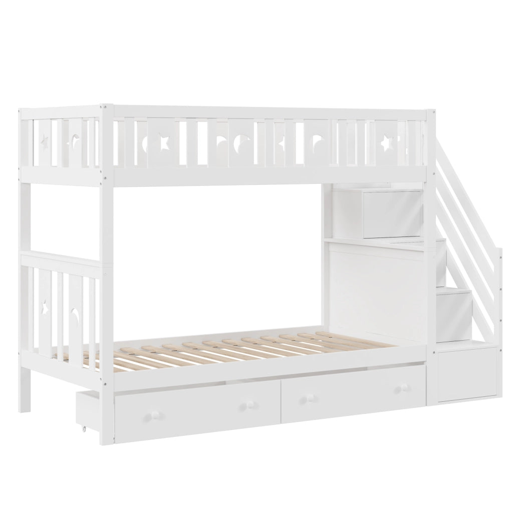 Letto a castello per bambini 90x200 cm con scala contenitore; 2 cassetti e rete a doghe; bianco