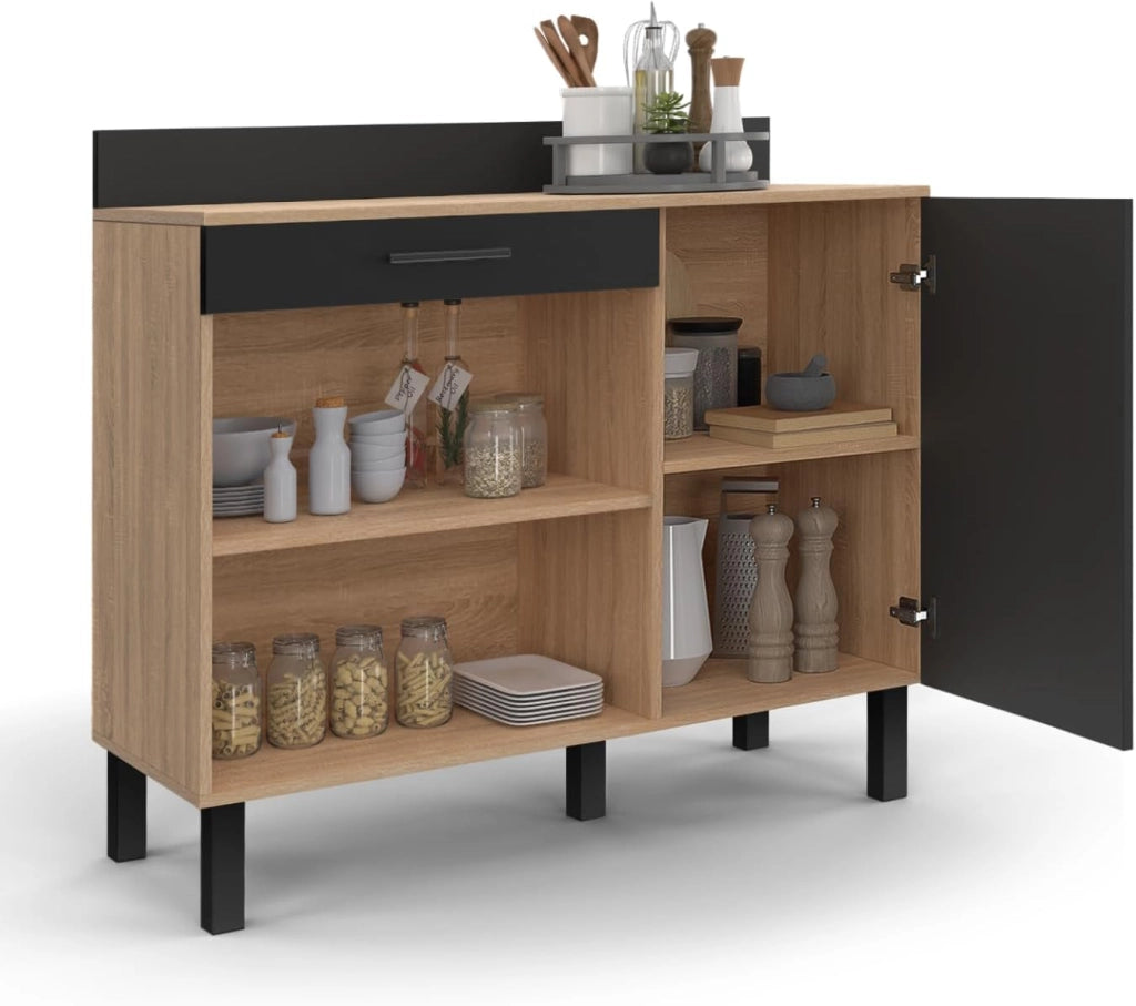 Credenza bassa 100 CM CINA piano di lavoro H.83 cm 1 anta + 1 cassetto finitura faggio e nero