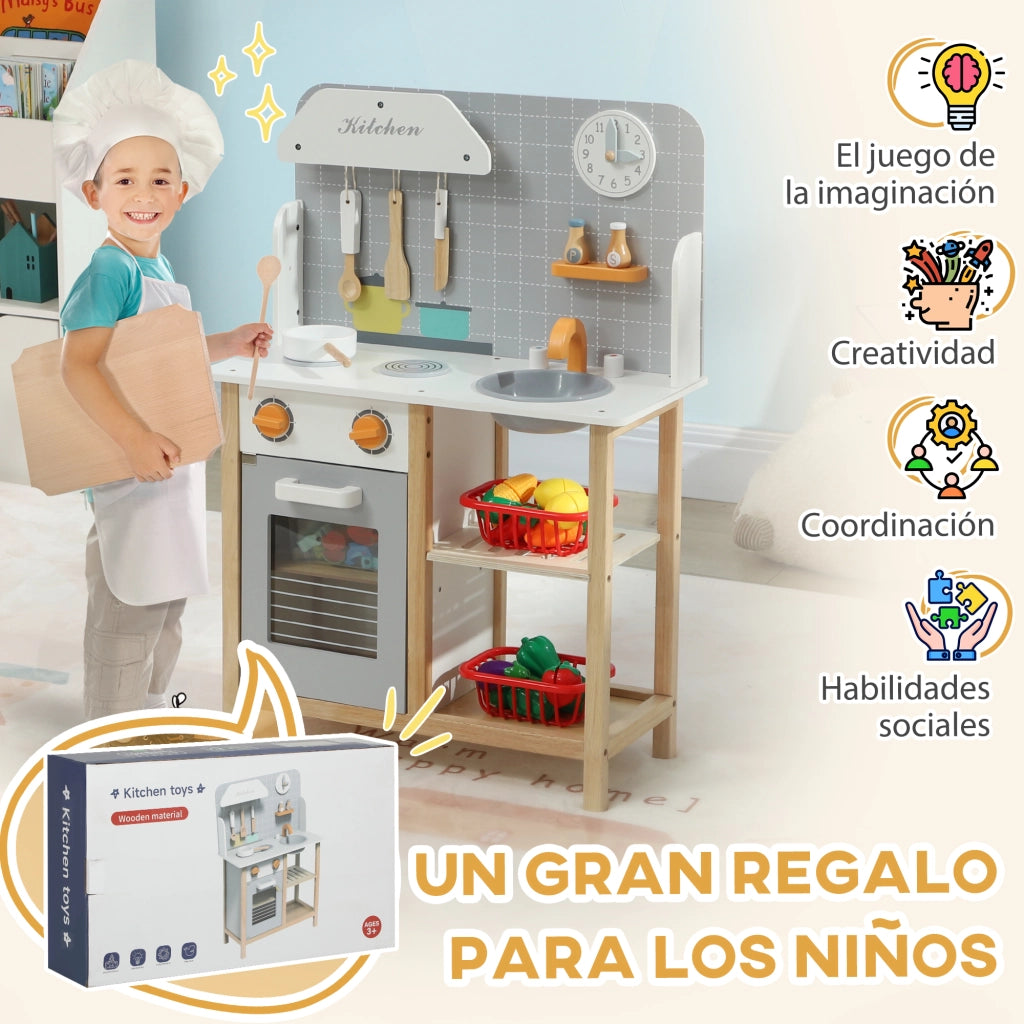 Casetta Cucina Bambini in Legno con Accessori Grigio ¨C Zephmum ¨C 90x40x100 cm