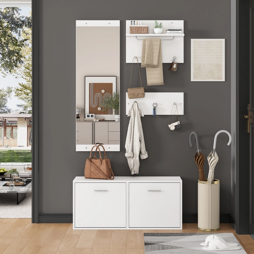 GUARDAROBA Set da 4 pezzi 90x30x41,5 cm con specchio e scarpiera Bianco